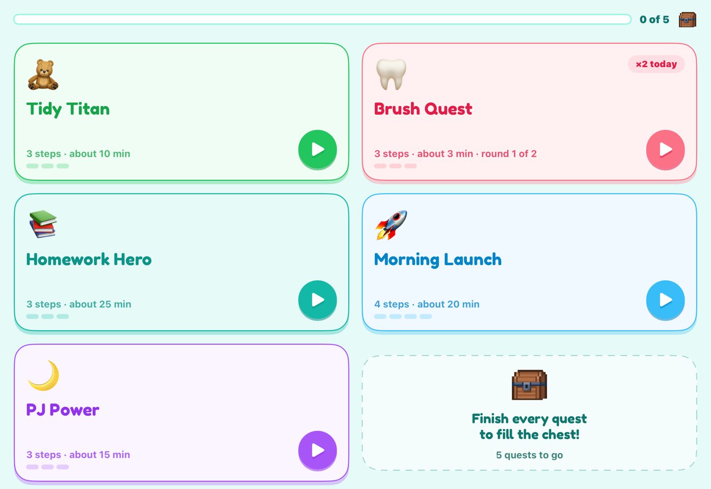 QuestStep Quest Board on an iPad: five large colourful routine tiles (Tidy Titan, Brush Quest, Homework Hero, Morning Launch, PJ Power) with play buttons and a progress bar