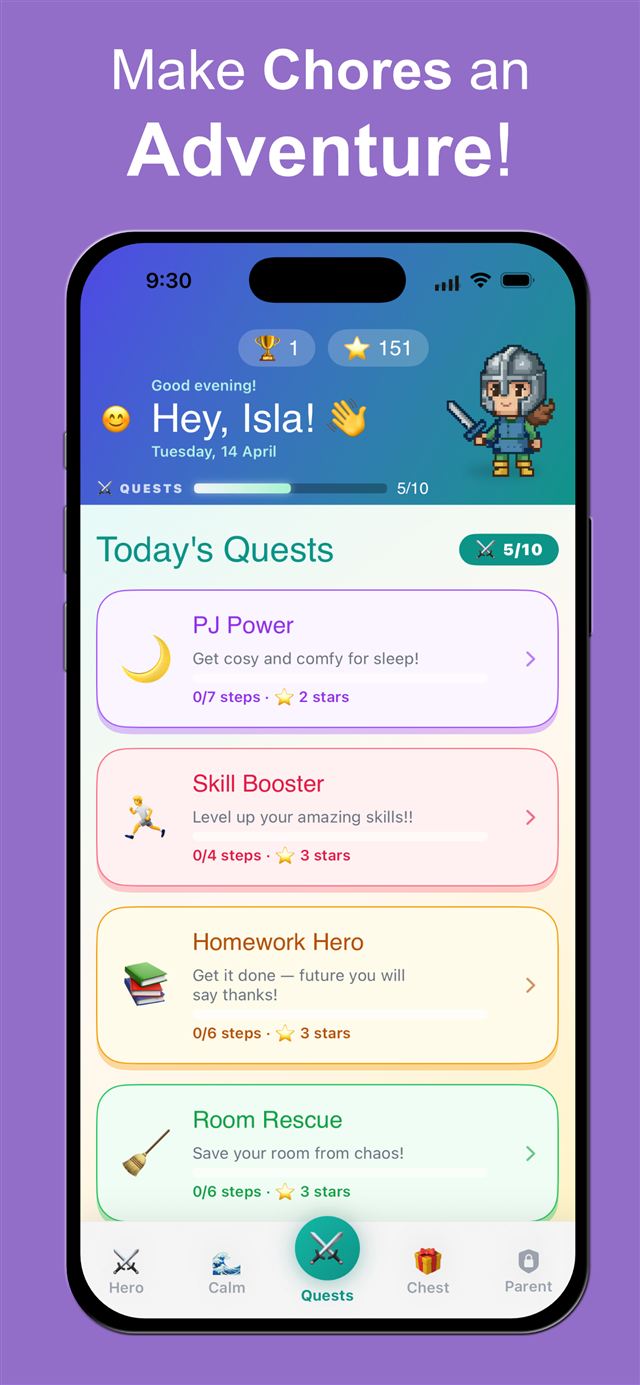 QuestStep quest board showing a child's daily quests with progress bars and star rewards