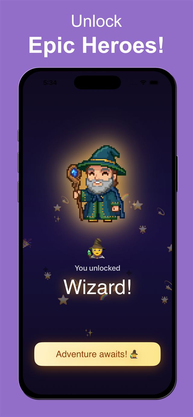 Hero unlock screen — a pixel-art wizard revealed with the message 'You unlocked Wizard!'
