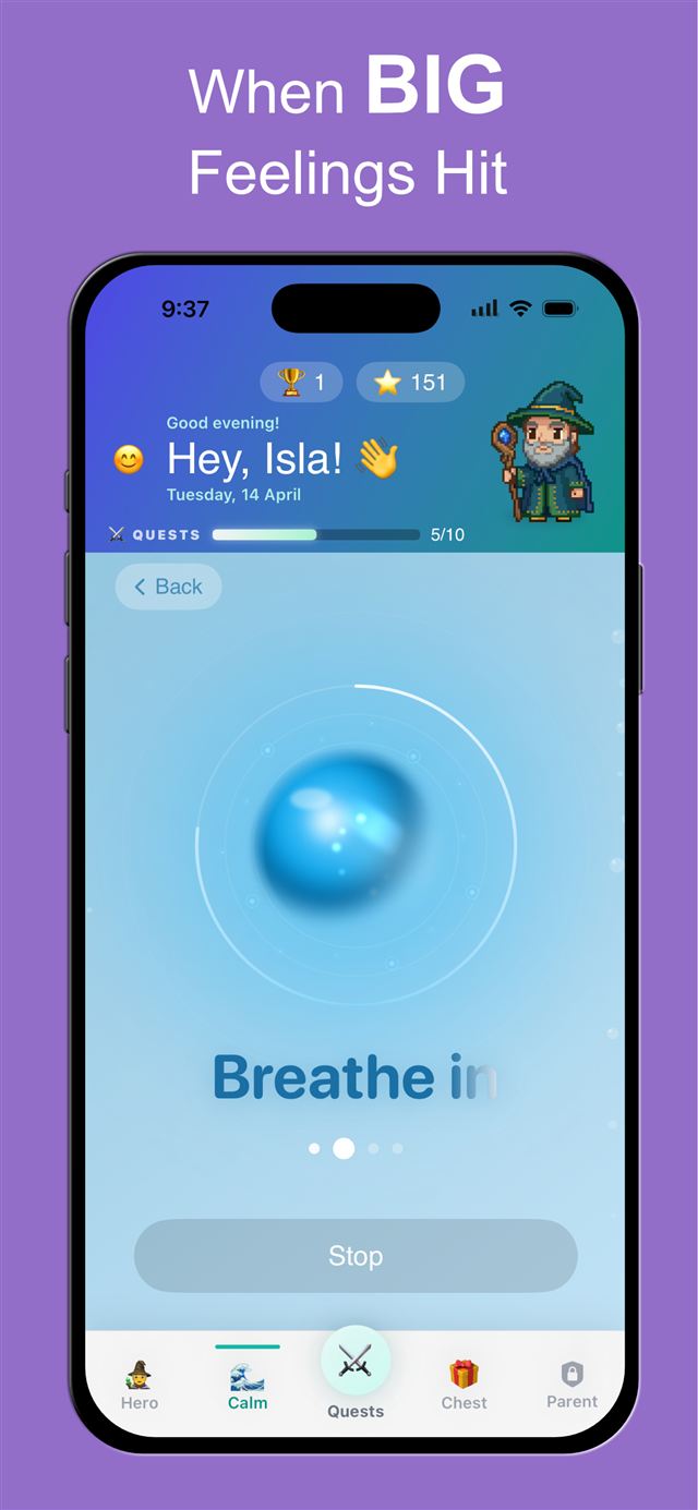 The Sanctuary calm screen with a guided 'Breathe in' bubble animation