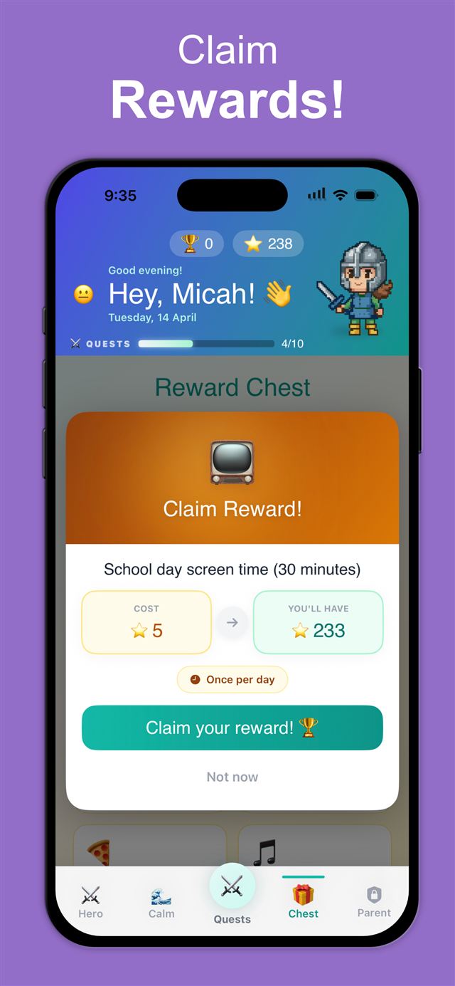 Reward chest screen where a child spends stars to claim school day screen time